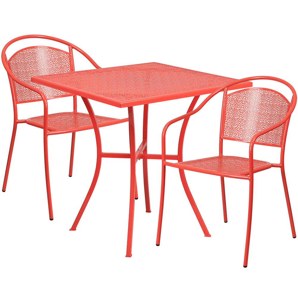 916-CO28SQ03CHR2RED 28" Square Patio Table & (2) Round Back Arm Chair Set - Steel, Coral