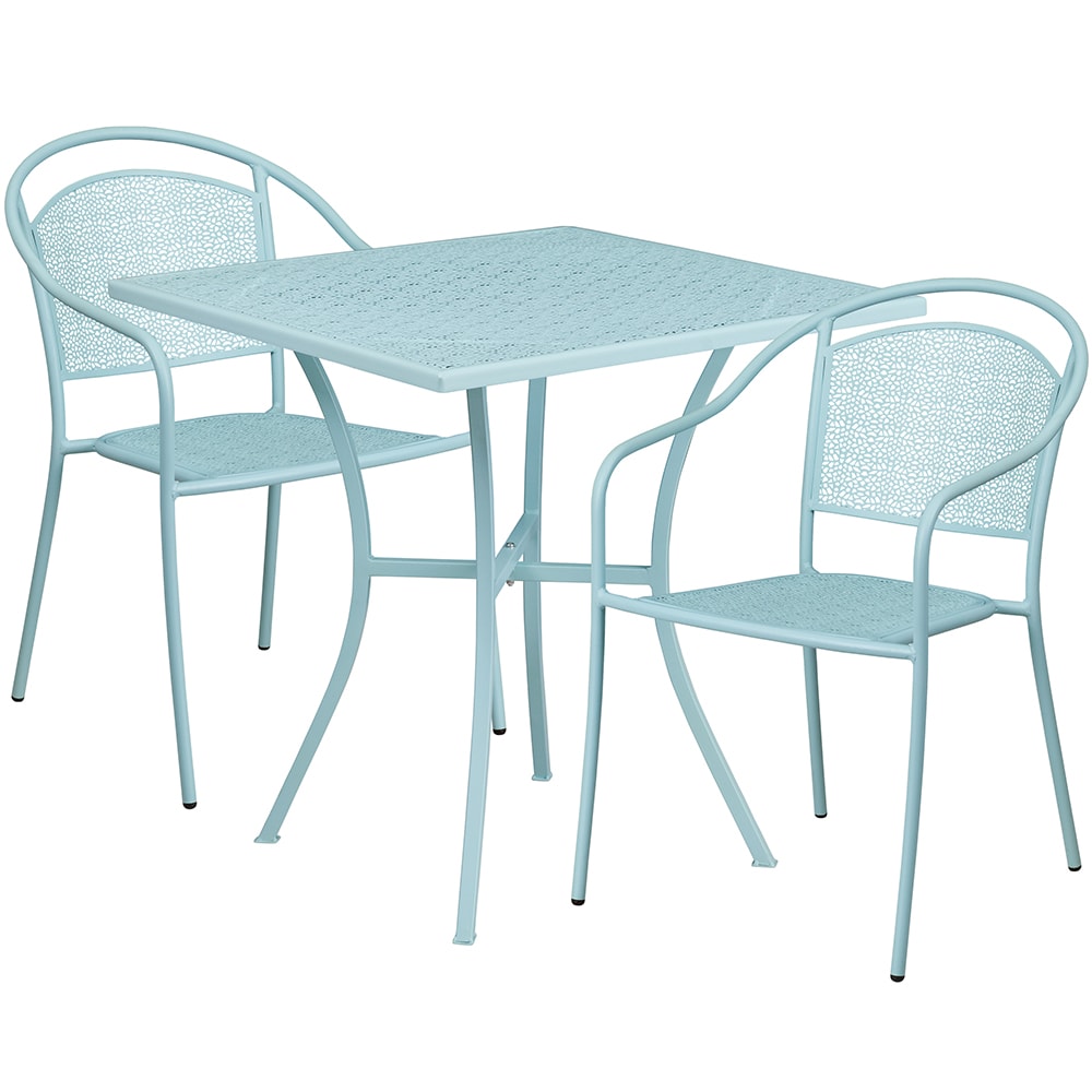 916-CO28SQ03CHR2SKY 28" Square Patio Table & (2) Round Back Arm Chair Set - Steel, Sky B...