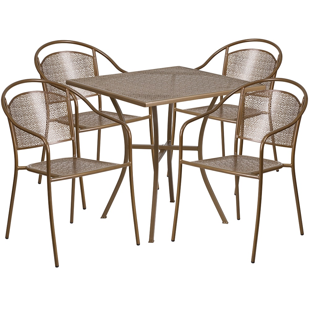 916-CO28SQ03CHR4GD 28" Square Patio Table & (4) Round Back Arm Chair Set - Steel, Gold