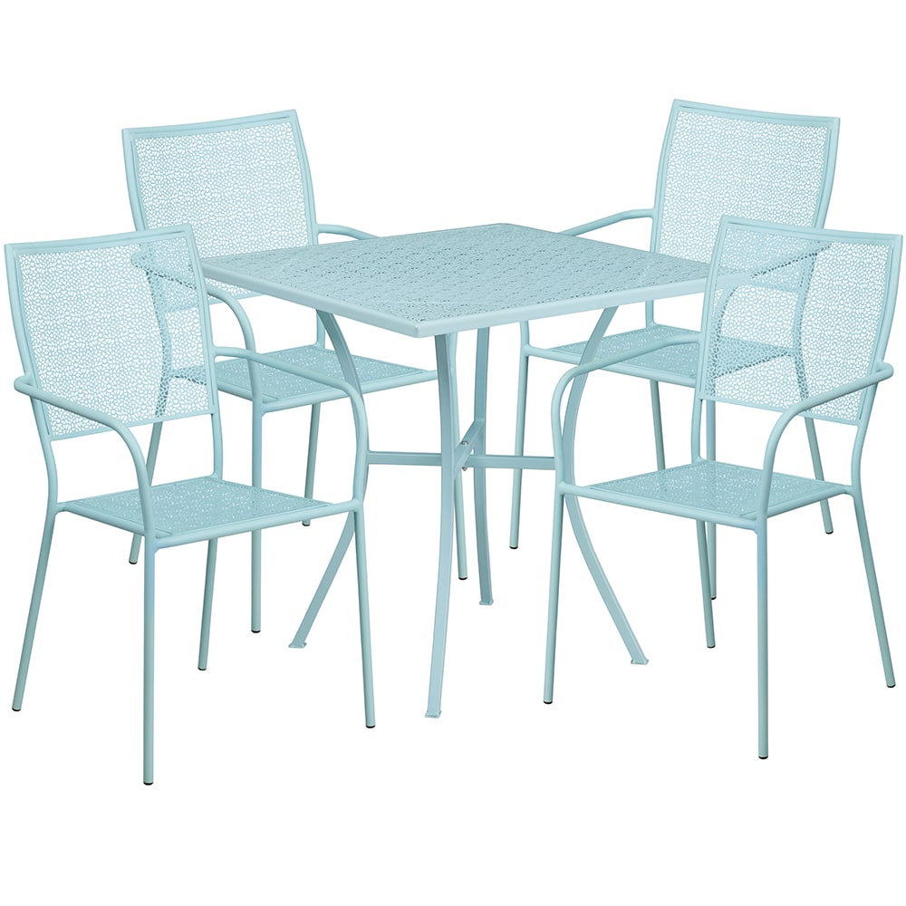 916-CO28SQ02CHR4SKY 28" Square Patio Table & (4) Square Back Arm Chair Set - Steel, Sky...