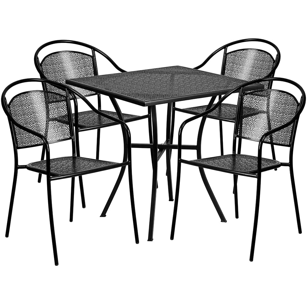 916-CO28SQ03CHR4BK 28" Square Patio Table & (4) Round Back Arm Chair Set - Steel, Black