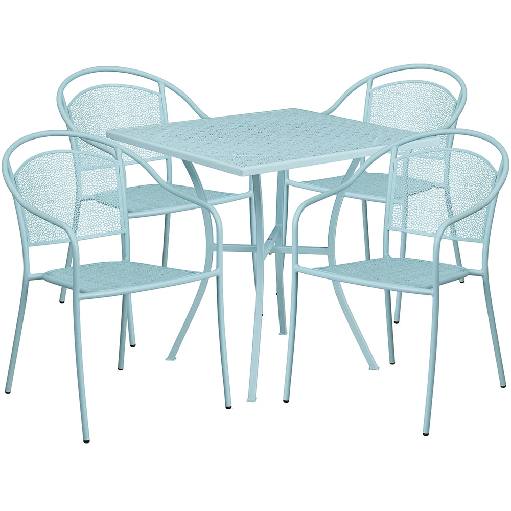 916-CO28SQ03CHR4SKY 28" Square Patio Table & (4) Round Back Arm Chair Set - Steel, Sky B...