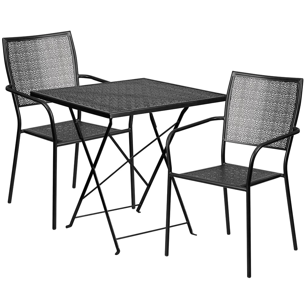 916-CO28SQF02CHR2BK 28" Square Folding Patio Table & (2) Square Back Arm Chair Set - Ste...