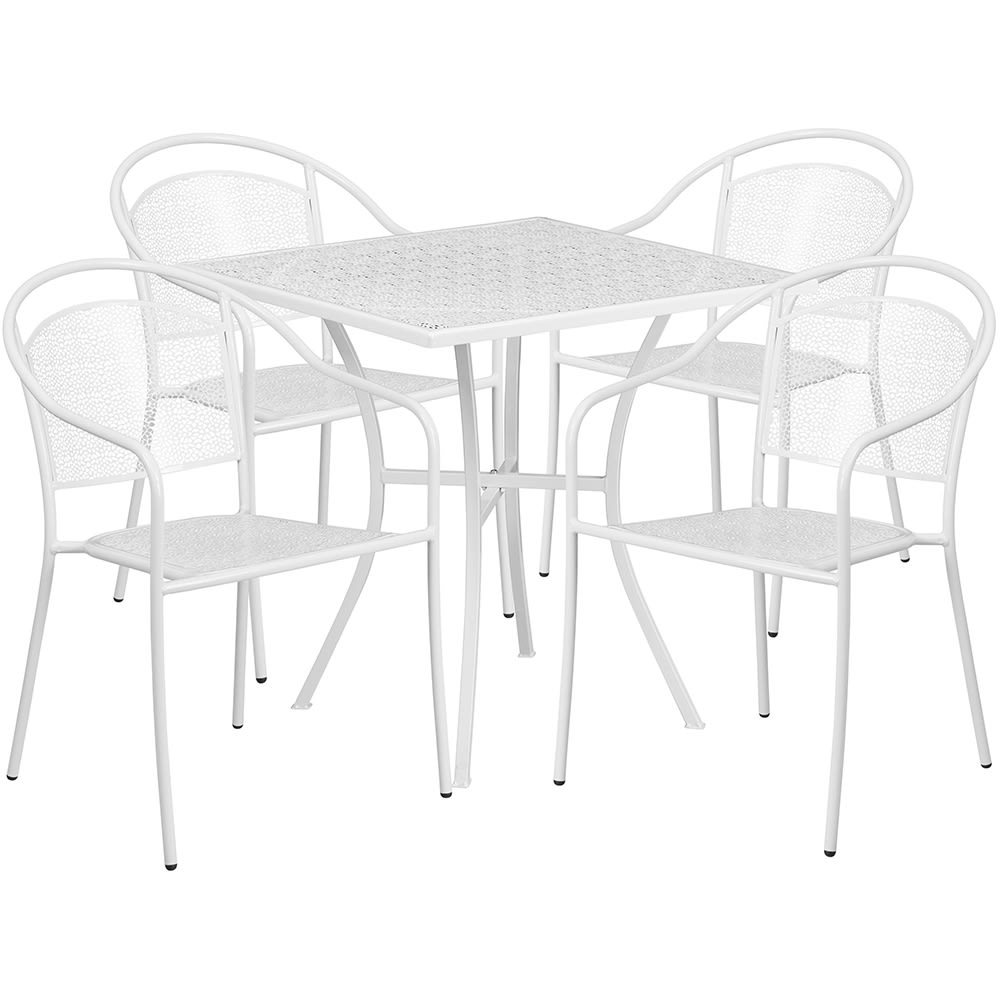 916-CO28SQ03CHR4WH 28" Square Patio Table & (4) Round Back Arm Chair Set - Steel, White