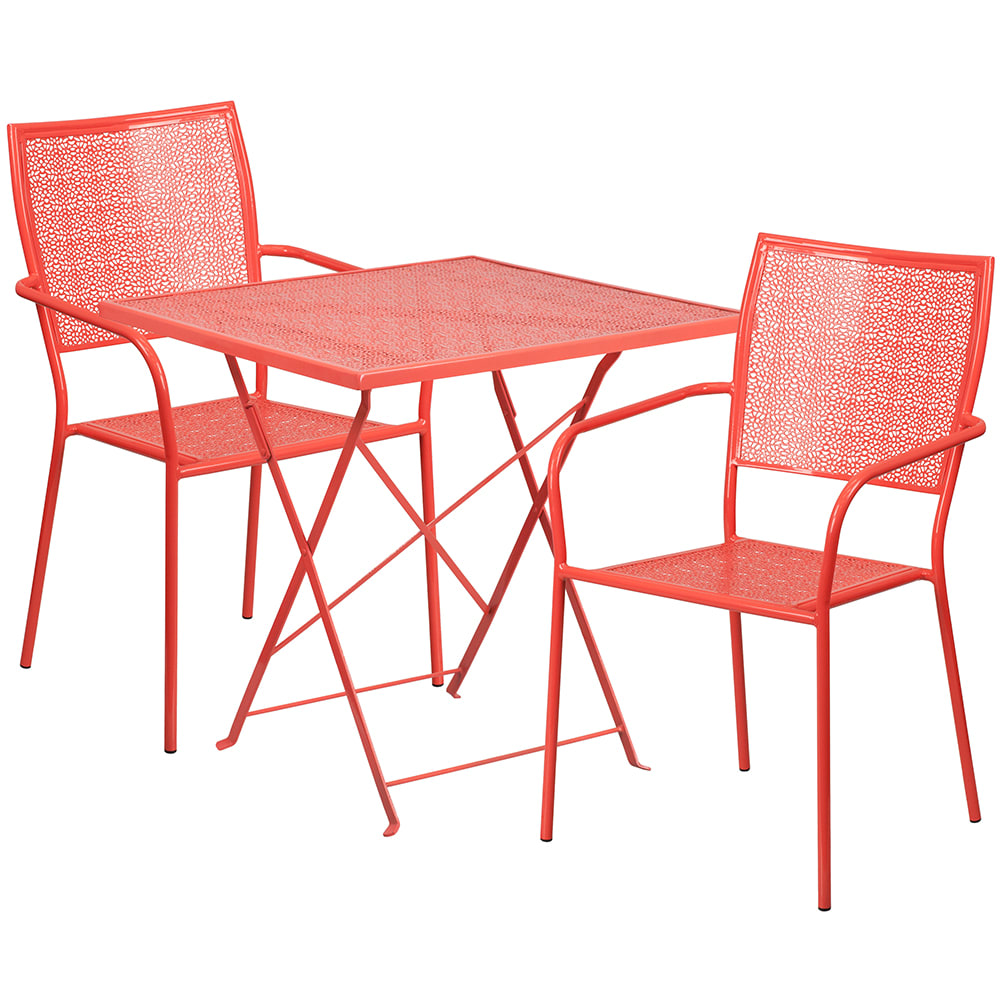 916-CO28SQF02CHR2RED 28" Square Folding Patio Table & (2) Square Back Arm Chair Set - St...