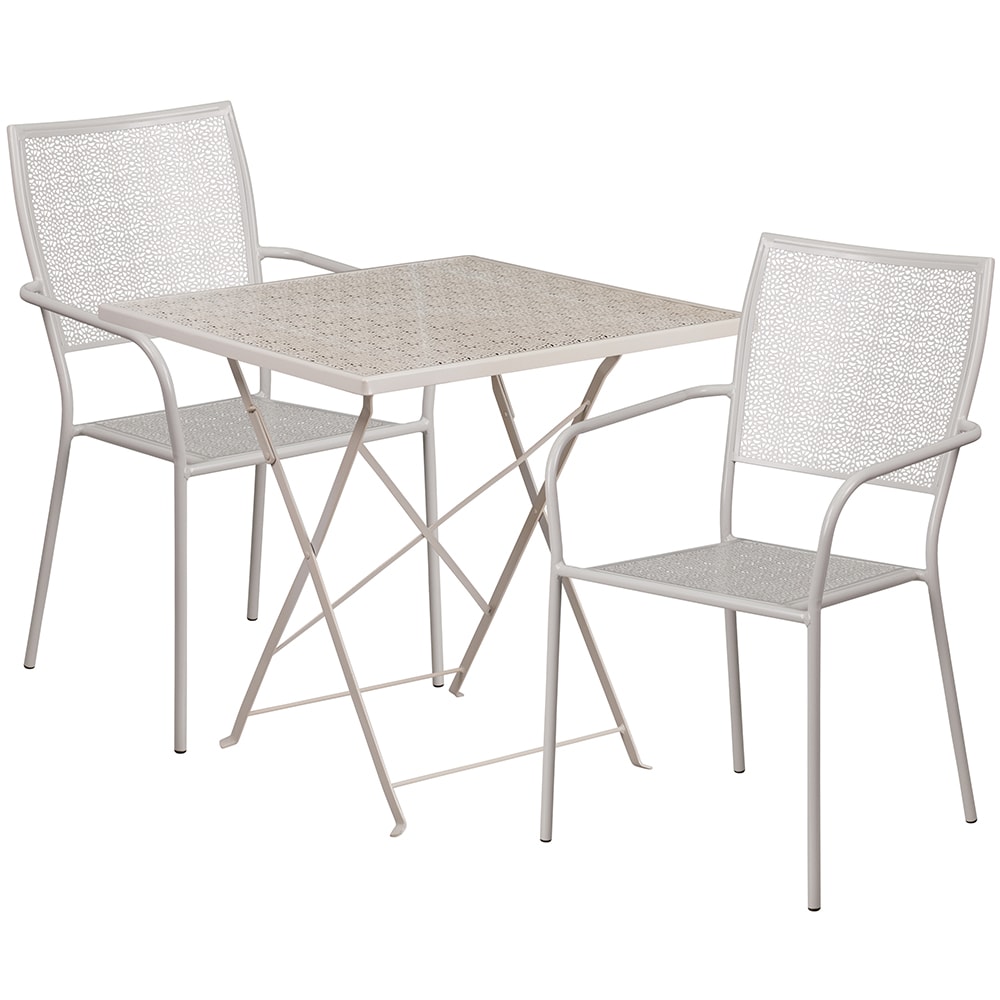 Flash Furniture CO-28SQF-02CHR2-SIL-GG 28" Square Folding Patio Table & (2) Square Back Arm Chair Set - Steel, Light Gray