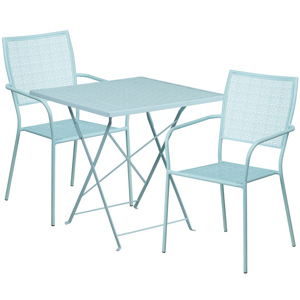 916-CO28SQF02CHR2SKY 28" Square Folding Patio Table & (2) Square Back Arm Chair Set - St...