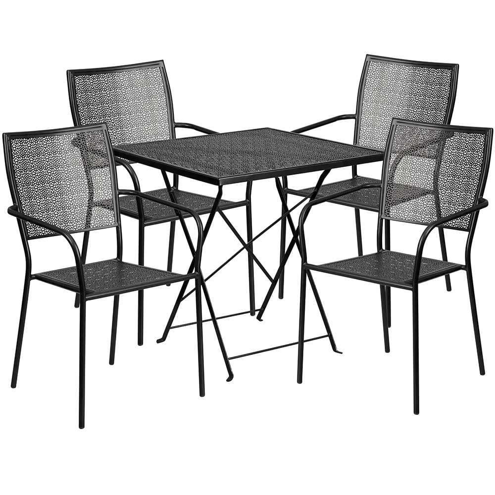 916-CO28SQF02CHR4BK 28" Square Folding Patio Table & (4) Square Back Arm Chair Set - Ste...