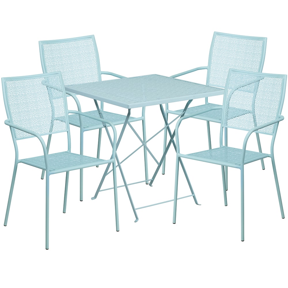 916-CO28SQF02CHR4SKY 28" Square Folding Patio Table & (4) Square Back Arm Chair Set - St...