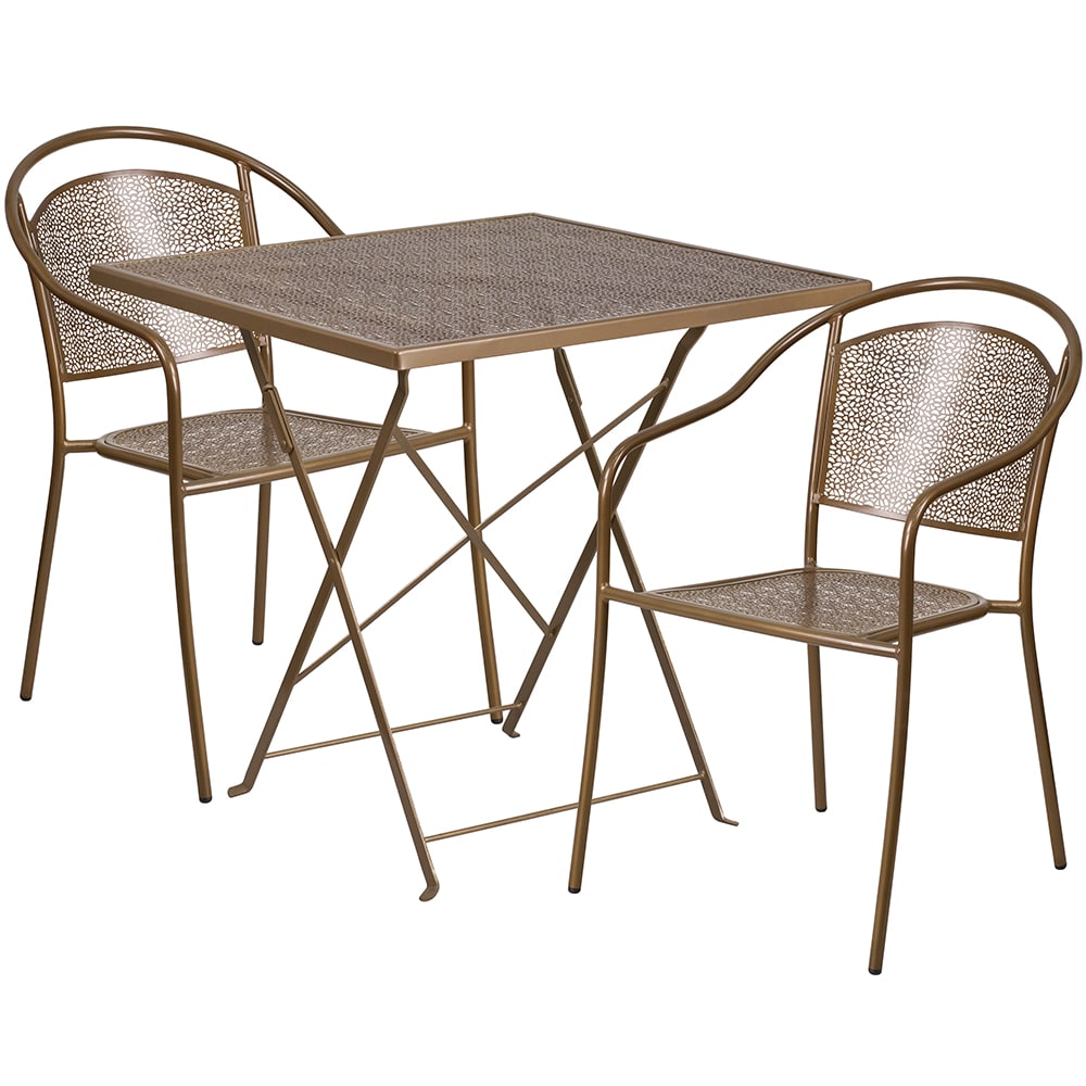 916-CO28SQF03CHR2GD 28" Square Folding Patio Table & (2) Round Back Arm Chair Set - Stee...