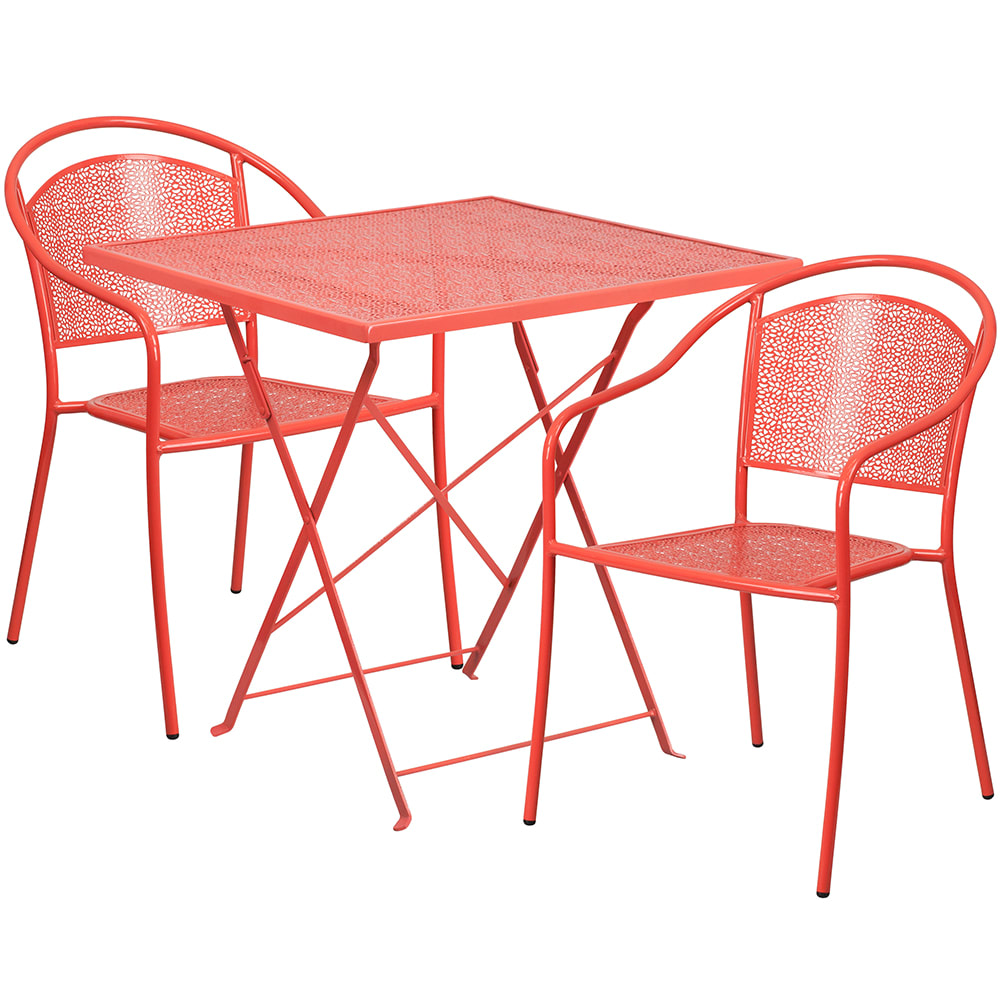 916-CO28SQF03CHR2RED 28" Square Folding Patio Table & (2) Round Back Arm Chair Set - Ste...