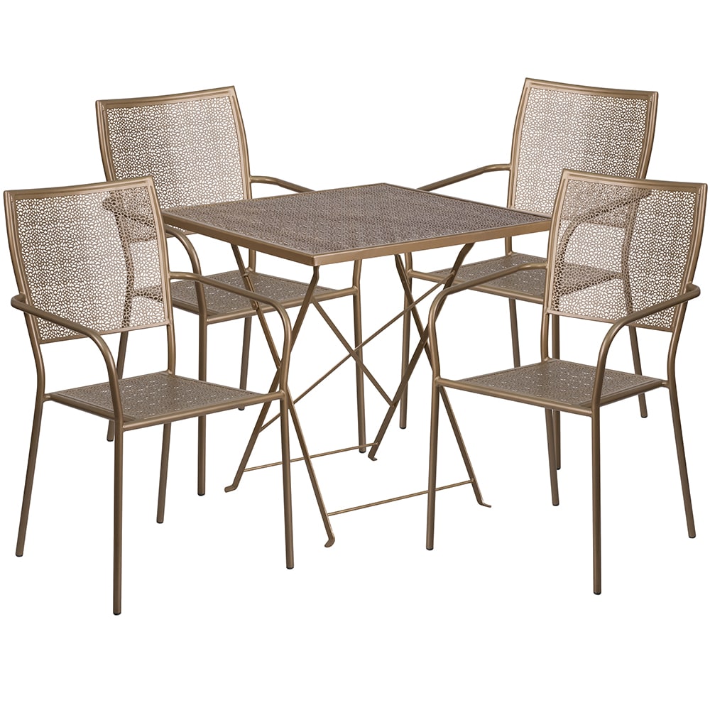 916-CO28SQF02CHR4GD 28" Square Folding Patio Table & (4) Square Back Arm Chair Set - Ste...
