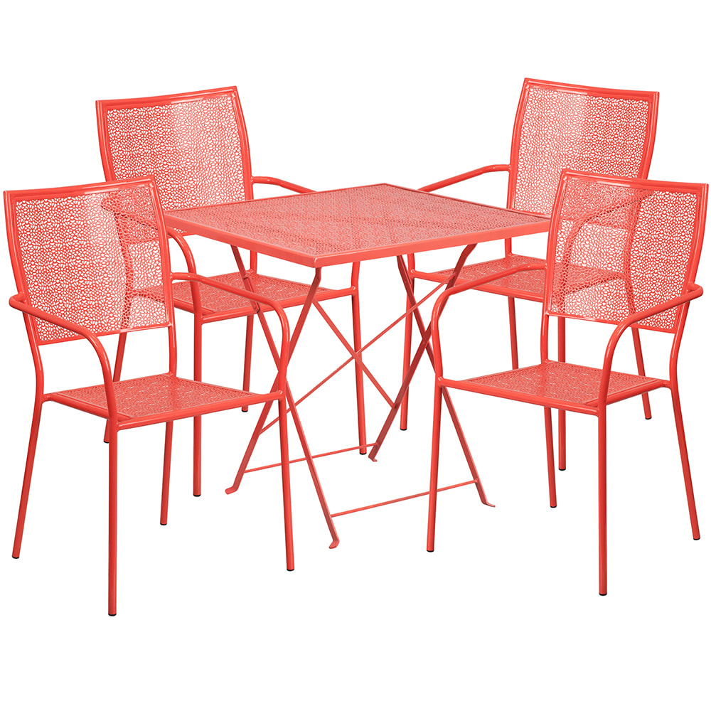 916-CO28SQF02CHR4RED 28" Square Folding Patio Table & (4) Square Back Arm Chair Set - St...