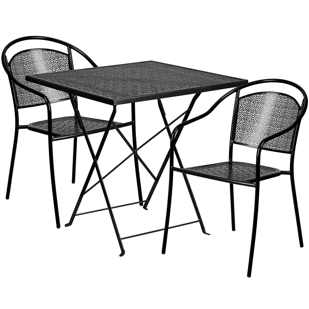 Flash Furniture CO-28SQF-03CHR2-BK-GG 28" Square Folding Patio Table & (2) Round Back Arm Chair Set - Steel, Black