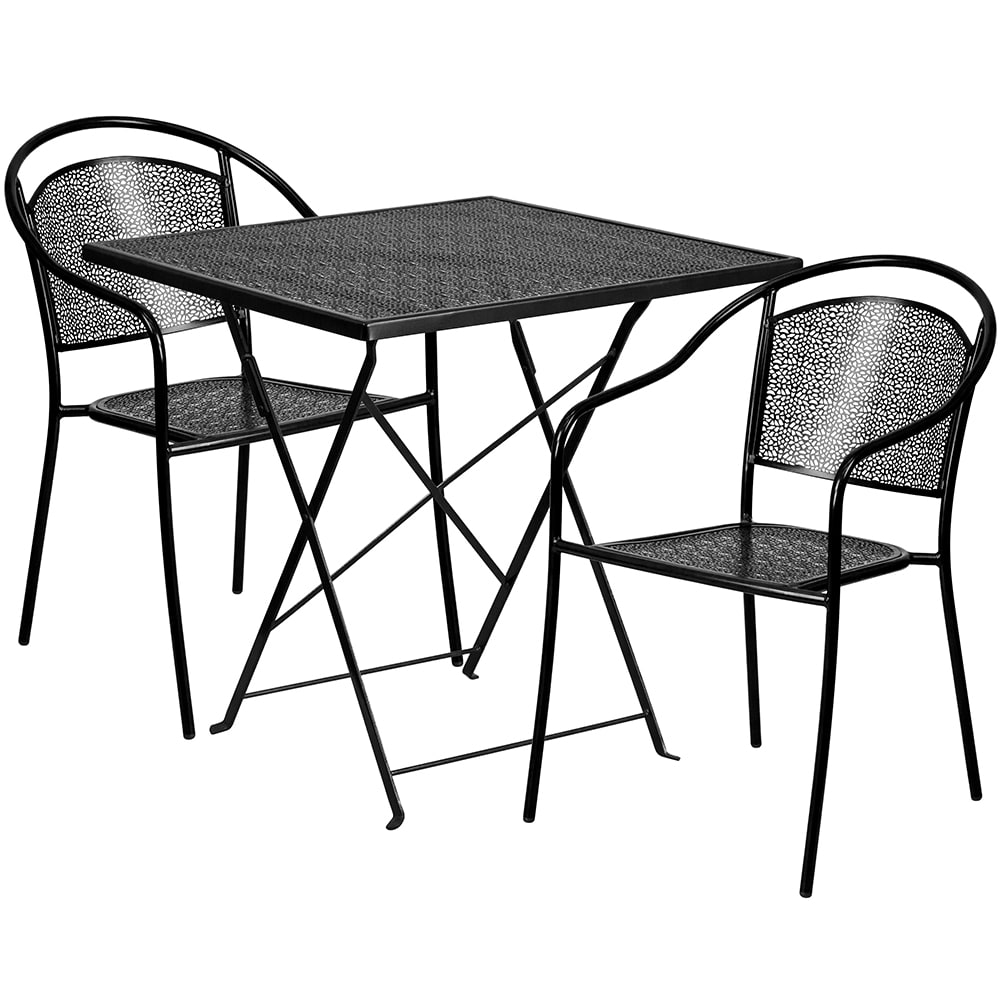 916-CO28SQF03CHR2BK 28" Square Folding Patio Table & (2) Round Back Arm Chair Set - Stee...