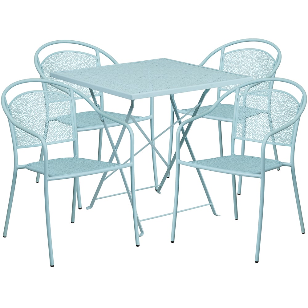 916-CO28SQF03CHR4SKY 28" Square Folding Patio Table & (4) Round Back Arm Chair Set - Ste...