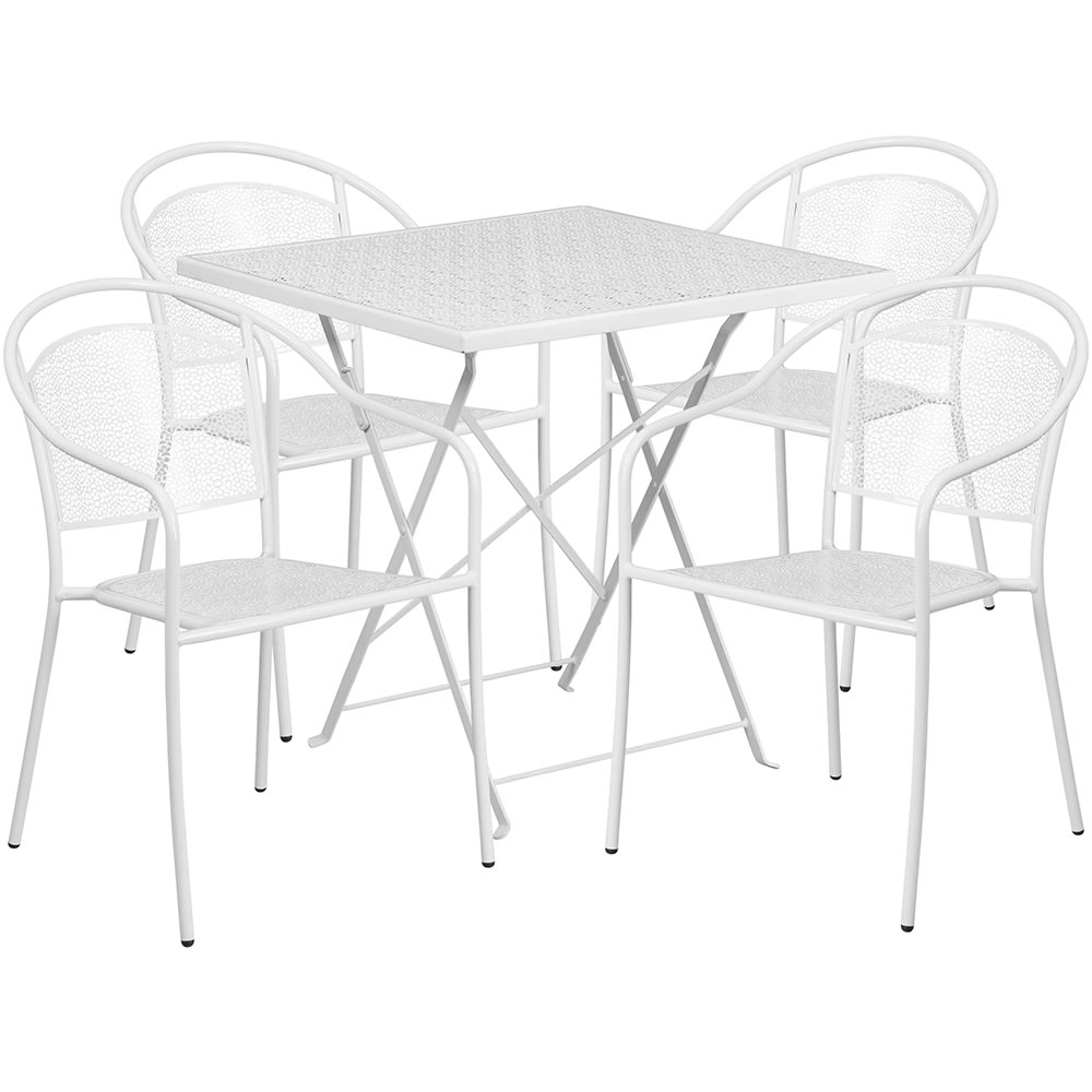916-CO28SQF03CHR4WH 28" Square Folding Patio Table & (4) Round Back Arm Chair Set - Stee...