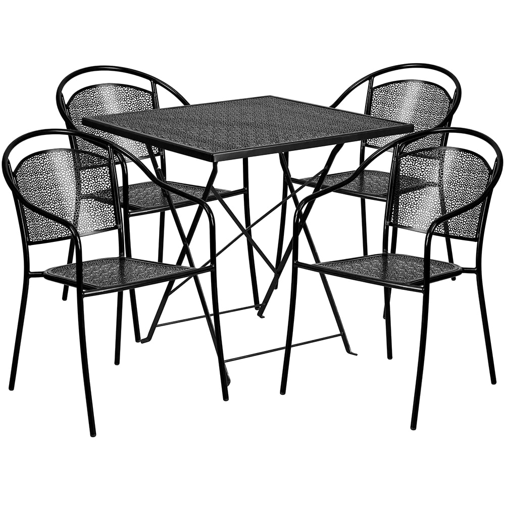 916-CO28SQF03CHR4BK 28" Square Folding Patio Table & (4) Round Back Arm Chair Set - Stee...