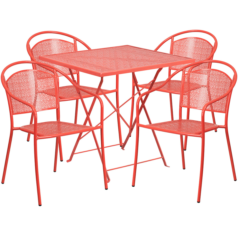 916-CO28SQF03CHR4RED 28" Square Folding Patio Table & (4) Round Back Arm Chair Set - Ste...