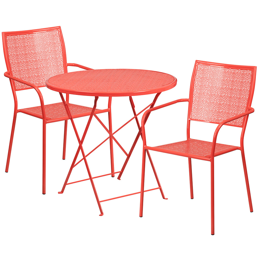 916-CO30RDF02CHR2RED 30" Round Folding Patio Table & (2) Square Back Arm Chair Set - Ste...