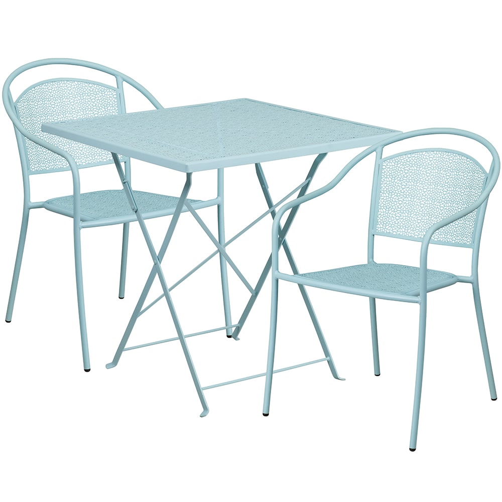 916-CO28SQF03CHR2SKY 28" Square Folding Patio Table & (2) Round Back Arm Chair Set - Ste...
