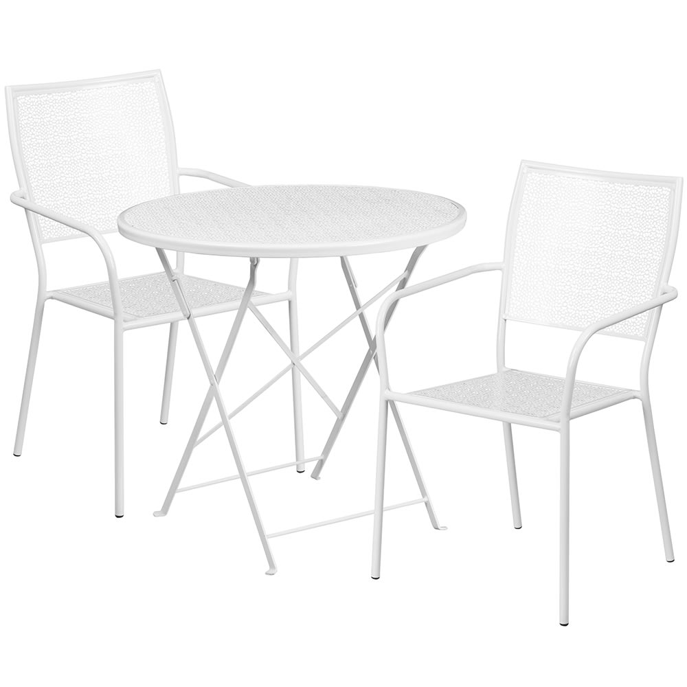 916-CO30RDF02CHR2WH 30" Round Folding Patio Table & (2) Square Back Arm Chair Set - Stee...