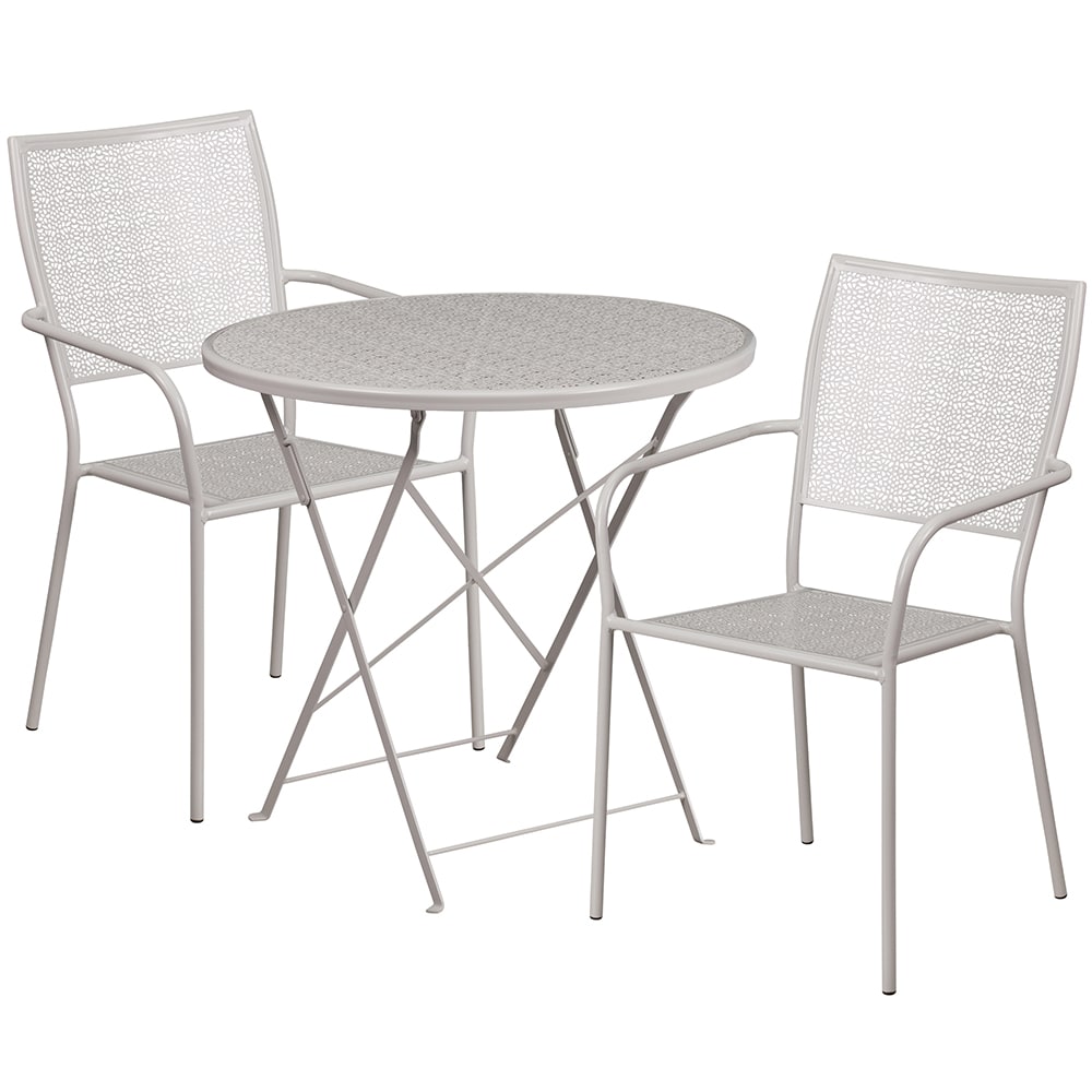 916-CO30RDF02CHR2SIL 30" Round Folding Patio Table & (2) Square Back Arm Chair Set - Ste...