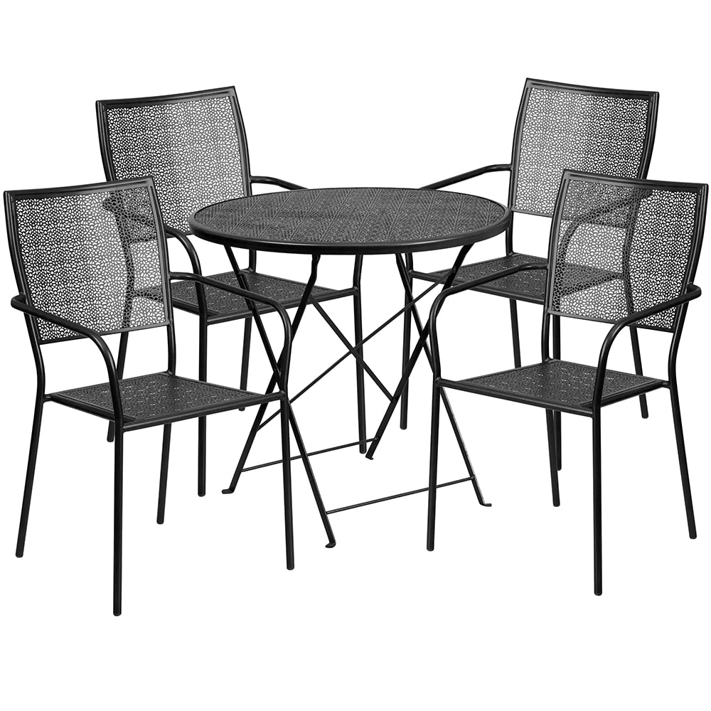 916-CO30RDF02CHR4BK 30" Round Folding Patio Table & (4) Square Back Arm Chair Set - Stee...