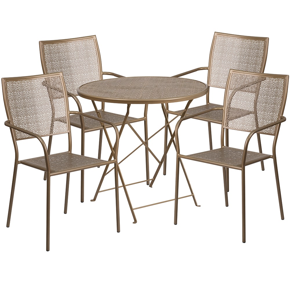 916-CO30RDF02CHR4GD 30" Round Folding Patio Table & (4) Square Back Arm Chair Set - Stee...
