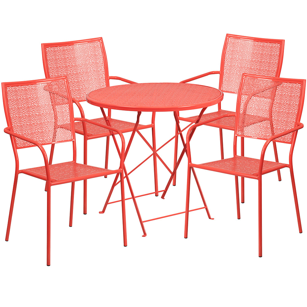 916-CO30RDF02CHR4RED 30" Round Folding Patio Table & (4) Square Back Arm Chair Set - Ste...