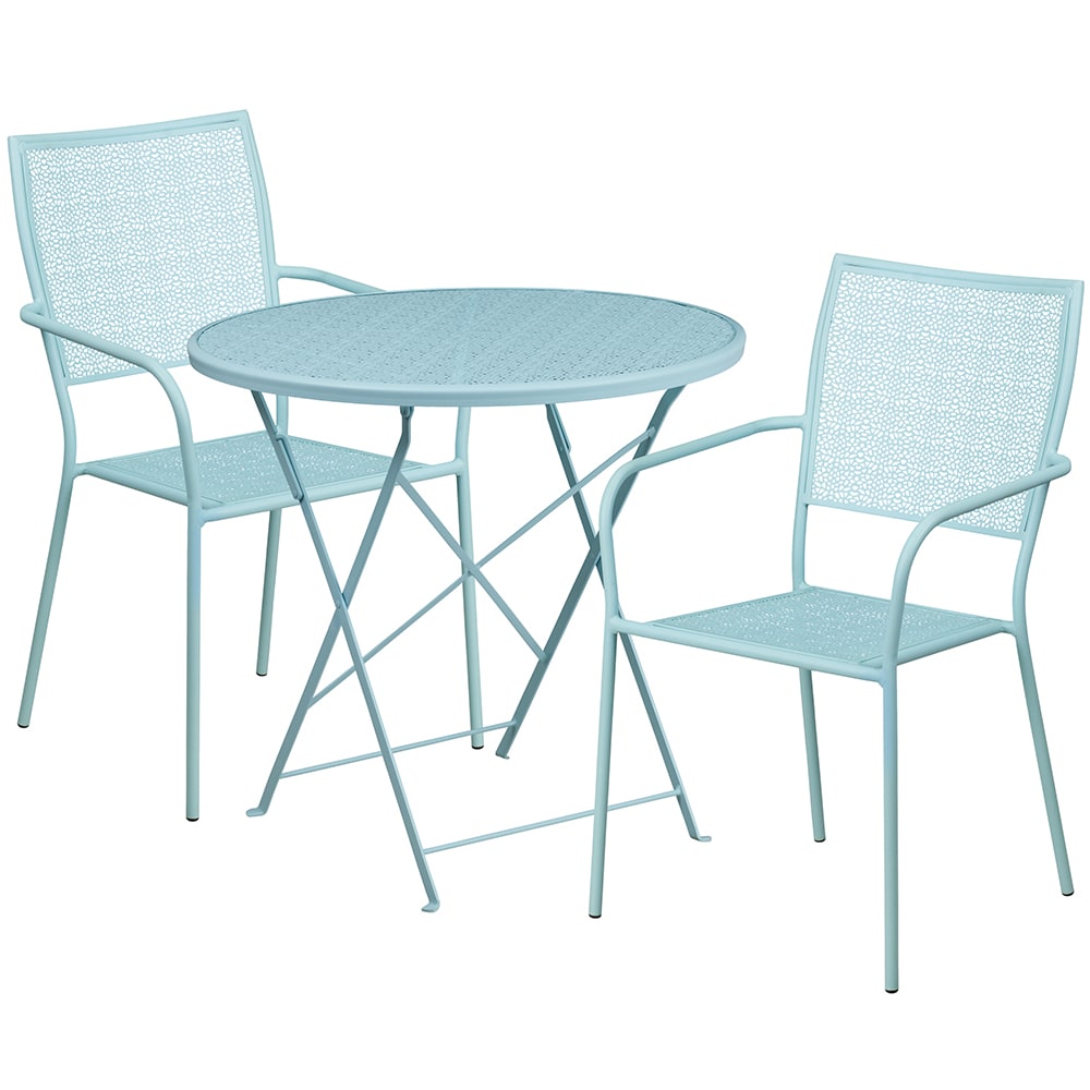 916-CO30RDF02CHR2SKY 30" Round Folding Patio Table & (2) Square Back Arm Chair Set - Ste...