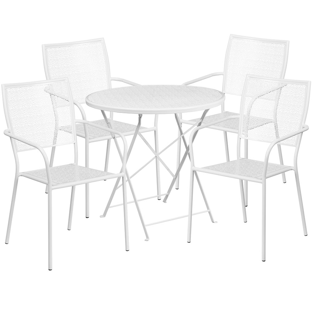 916-CO30RDF02CHR4WH 30" Round Folding Patio Table & (4) Square Back Arm Chair Set - Stee...
