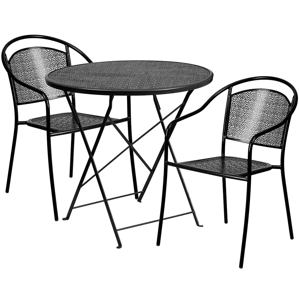 916-CO30RDF03CHR2BK 30" Round Folding Patio Table & (2) Round Back Arm Chair Set - Steel...