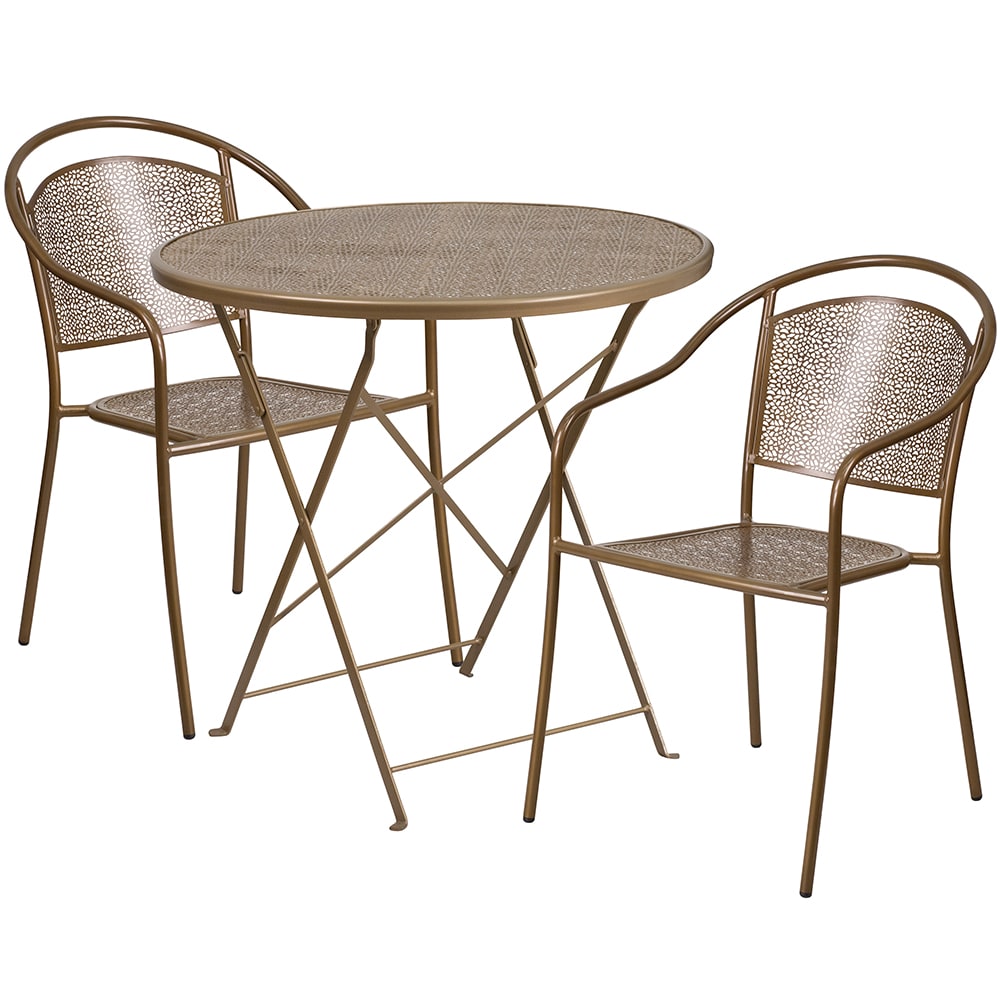 916-CO30RDF03CHR2GD 30" Round Folding Patio Table & (2) Round Back Arm Chair Set - Steel...