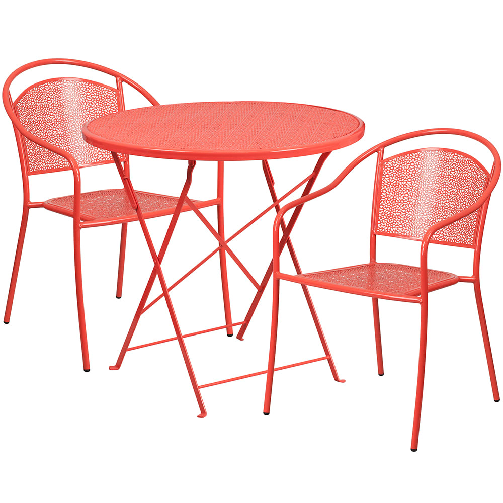 916-CO30RDF03CHR2RED 30" Round Folding Patio Table & (2) Round Back Arm Chair Set - Stee...