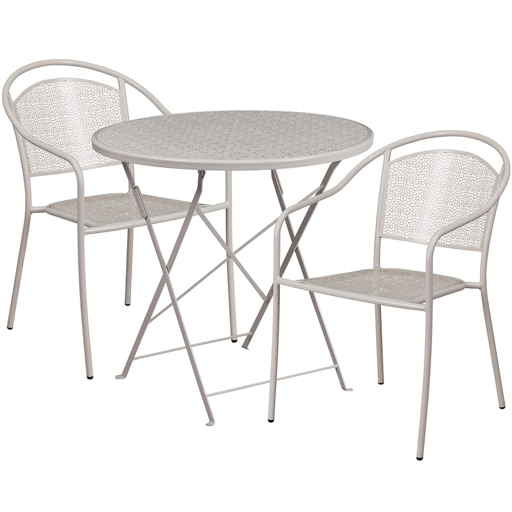 916-CO30RDF03CHR2SIL 30" Round Folding Patio Table & (2) Round Back Arm Chair Set - Stee...