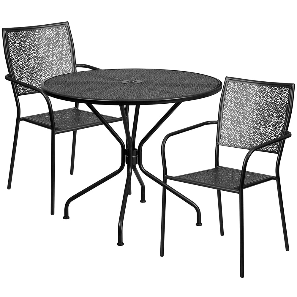 916-CO35RD02CHR2BK 35 1/4" Round Patio Table & (2) Square Back Arm Chair Set - Steel, Bl...
