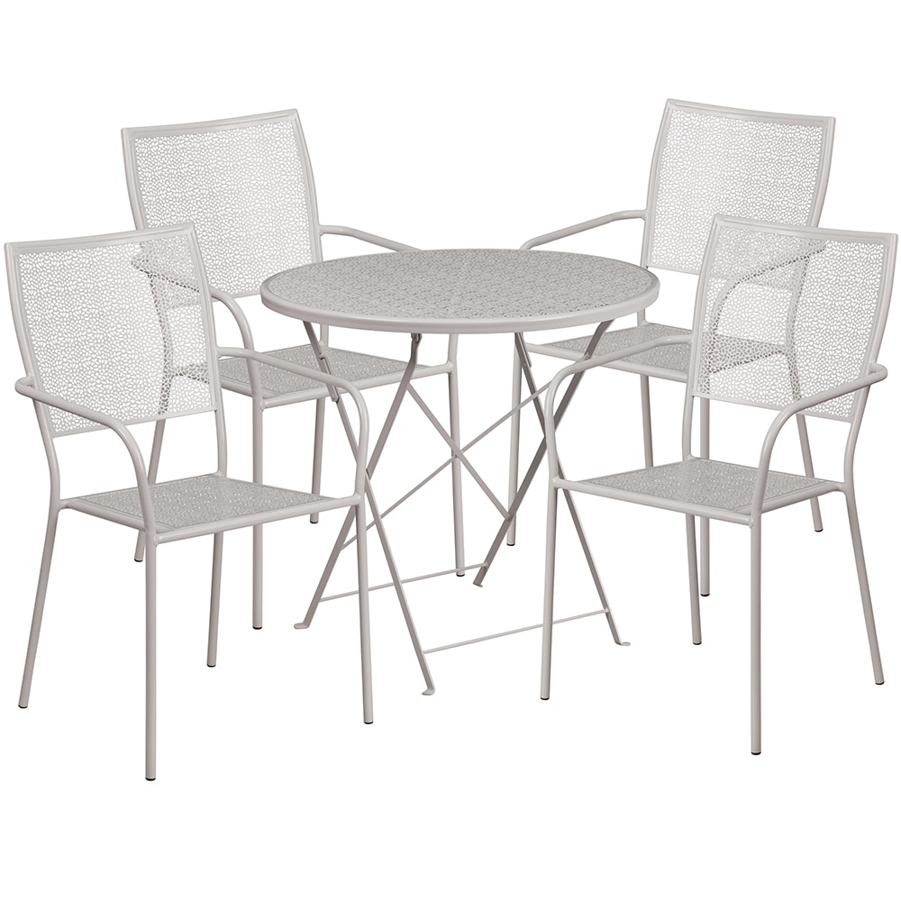 916-CO30RDF02CHR4SIL 30" Round Folding Patio Table & (4) Square Back Arm Chair Set - Ste...