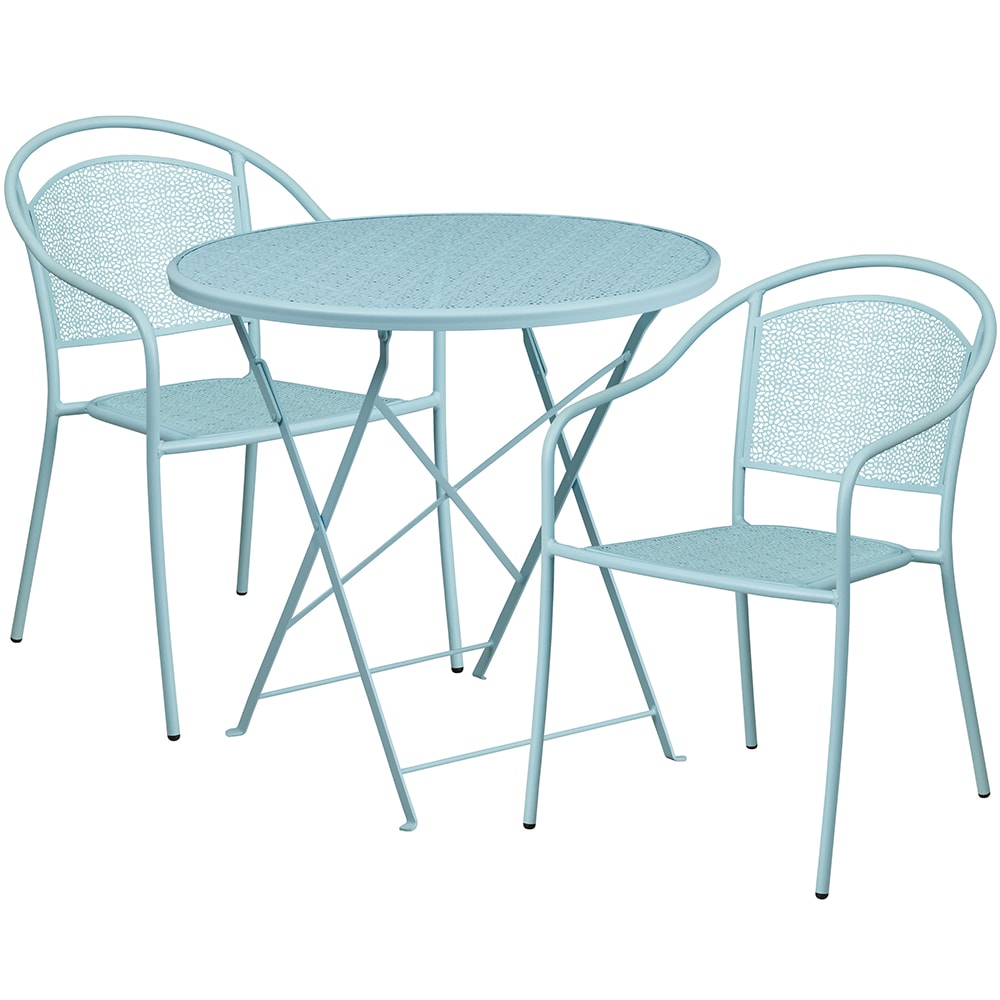 916-CO30RDF03CHR2SKY 30" Round Folding Patio Table & (2) Round Back Arm Chair Set - Stee...