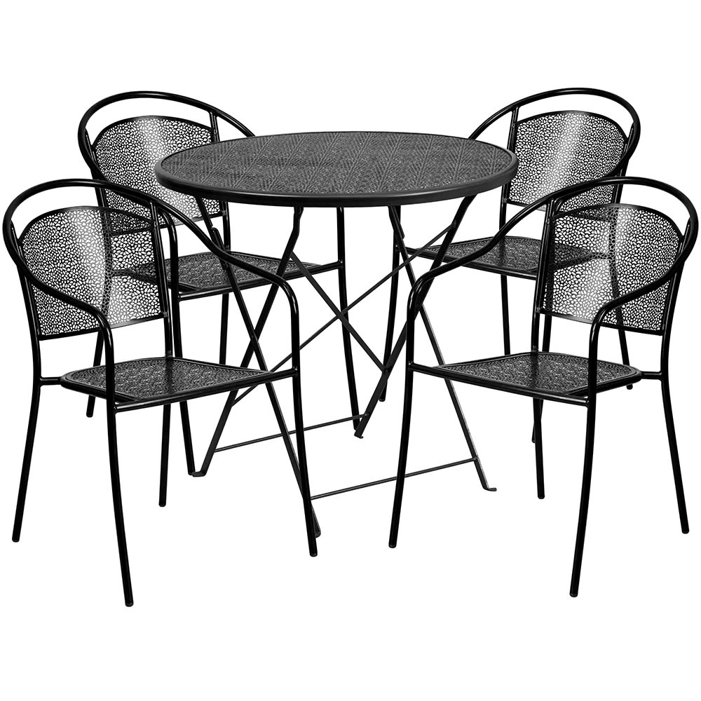 916-CO30RDF03CHR4BK 30" Round Folding Patio Table & (4) Round Back Arm Chair Set - Steel...