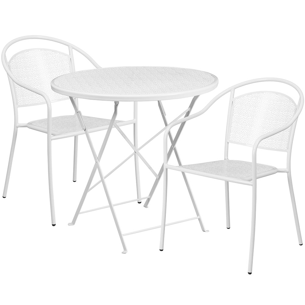 916-CO30RDF03CHR2WH 30" Round Folding Patio Table & (2) Round Back Arm Chair Set - Steel...