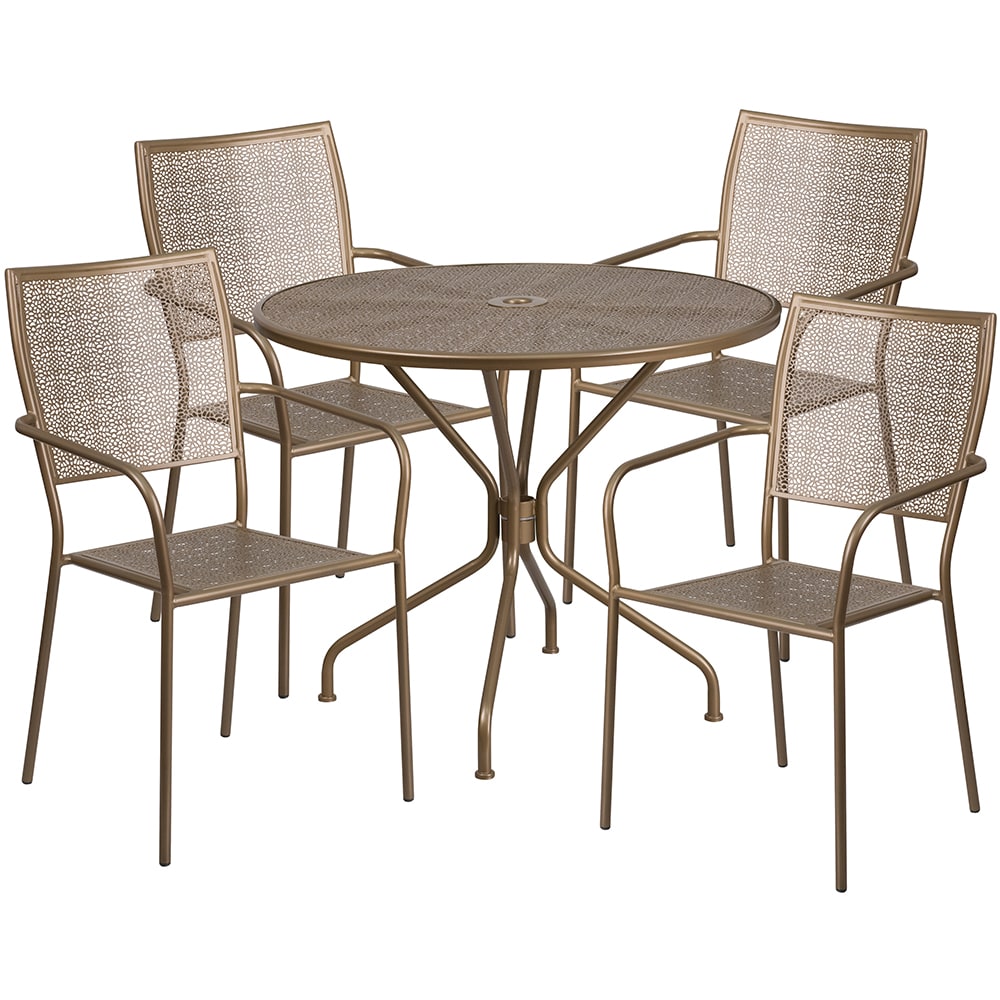 916-CO35RD02CHR4GD 35 1/4" Round Patio Table & (4) Square Back Arm Chair Set - Steel, Go...