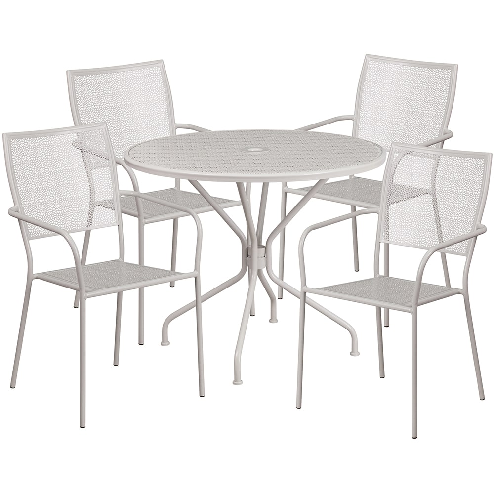 916-CO35RD02CHR4SIL 35 1/4" Round Patio Table & (4) Square Back Arm Chair Set - Steel, L...