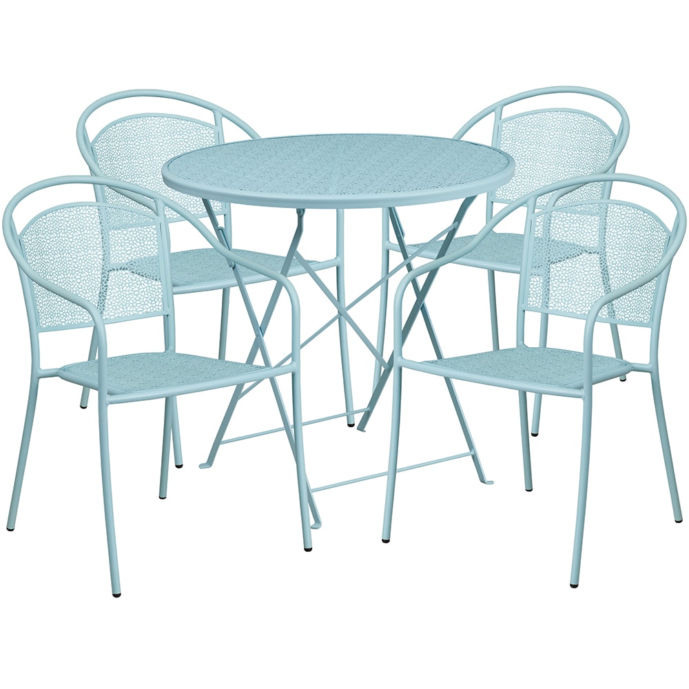 916-CO30RDF03CHR4SKY 30" Round Folding Patio Table & (4) Round Back Arm Chair Set - Stee...