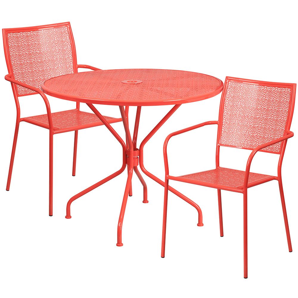 916-CO35RD02CHR2RED 35 1/4" Round Patio Table & (2) Square Back Arm Chair Set - Steel, C...