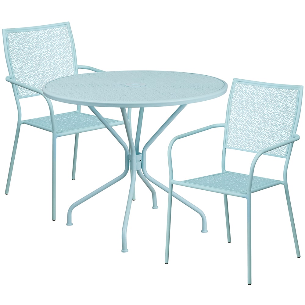 916-CO35RD02CHR2SKY 35 1/4" Round Patio Table & (2) Square Back Arm Chair Set - Steel, S...