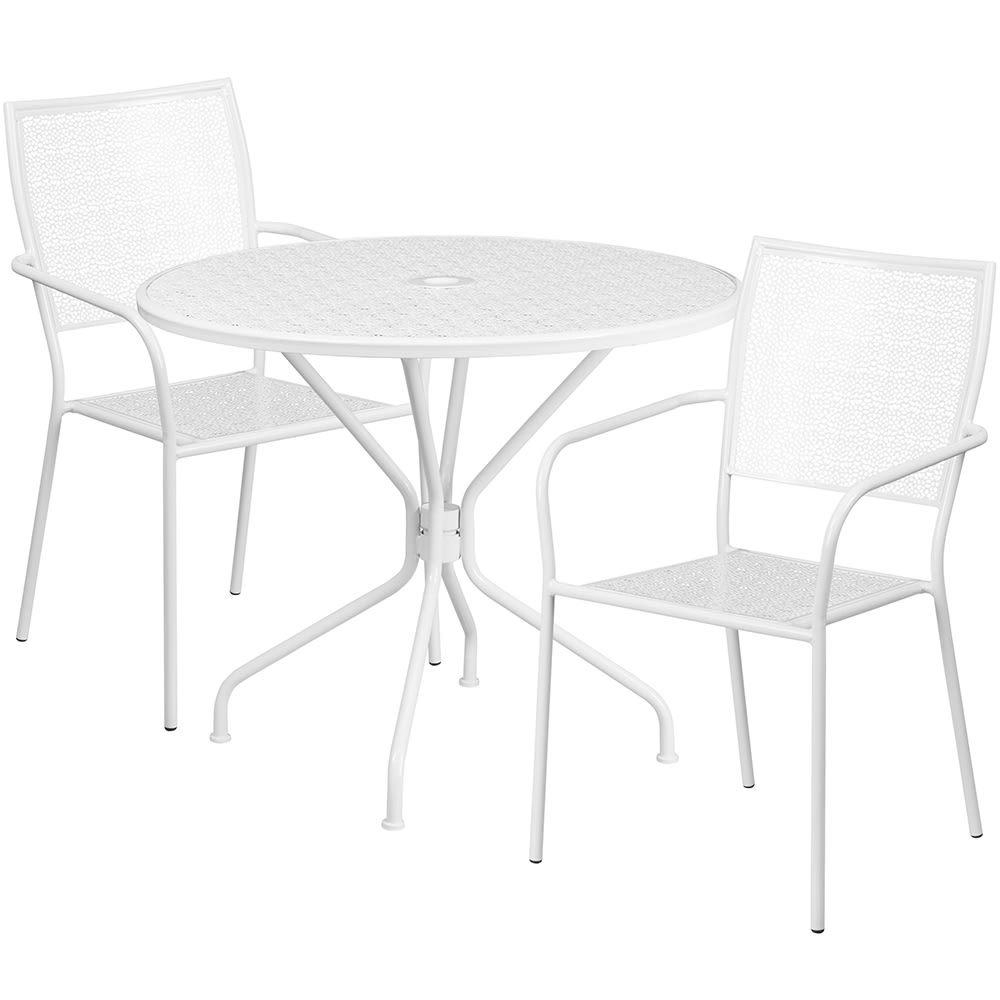 916-CO35RD02CHR2WH 35 1/4" Round Patio Table & (2) Square Back Arm Chair Set - Steel, Wh...