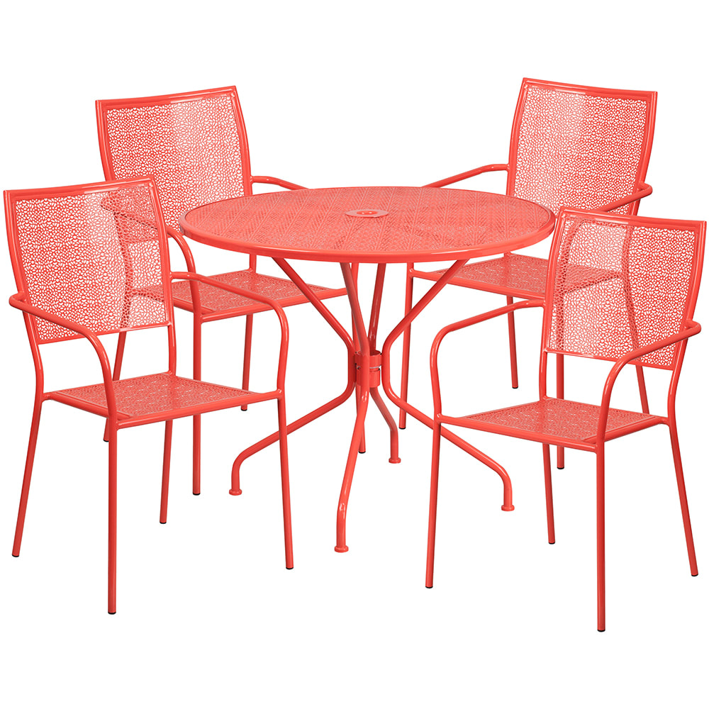 916-CO35RD02CHR4RED 35 1/4" Round Patio Table & (4) Square Back Arm Chair Set - Steel, C...