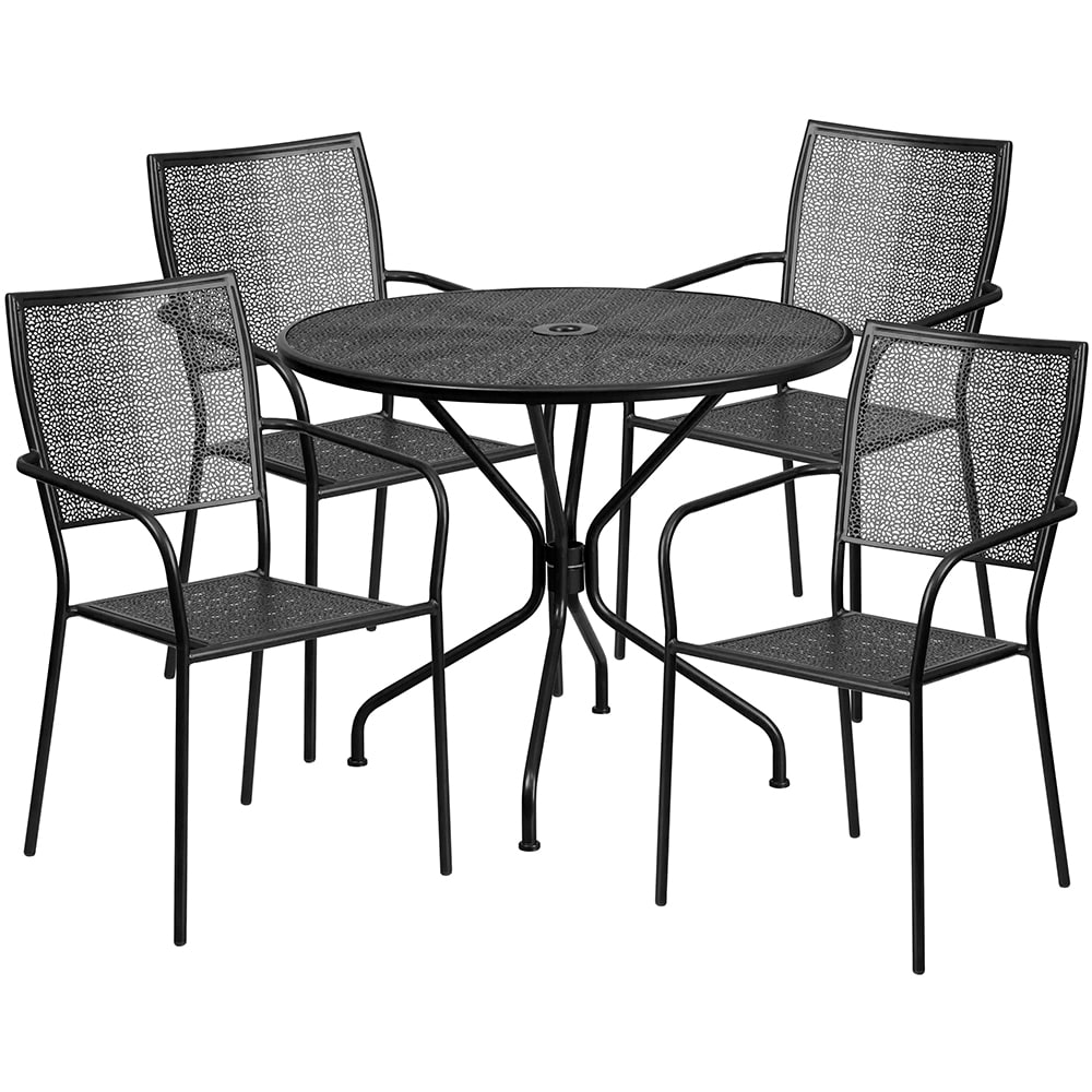 916-CO35RD02CHR4BK 35 1/4" Round Patio Table & (4) Square Back Arm Chair Set - Steel, Bl...