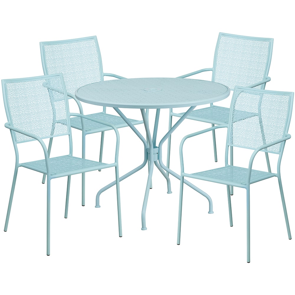 916-CO35RD02CHR4SKY 35 1/4" Round Patio Table & (4) Square Back Arm Chair Set - Steel, S...